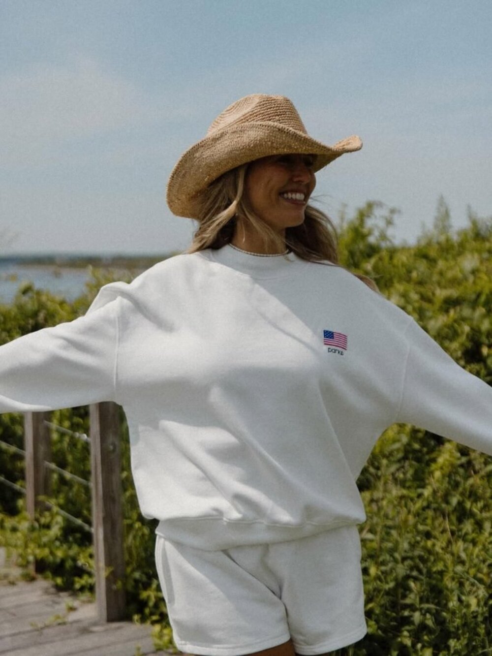 Parke American Flag Shrunken Mockneck Knit Sweater - White - Size L/XL